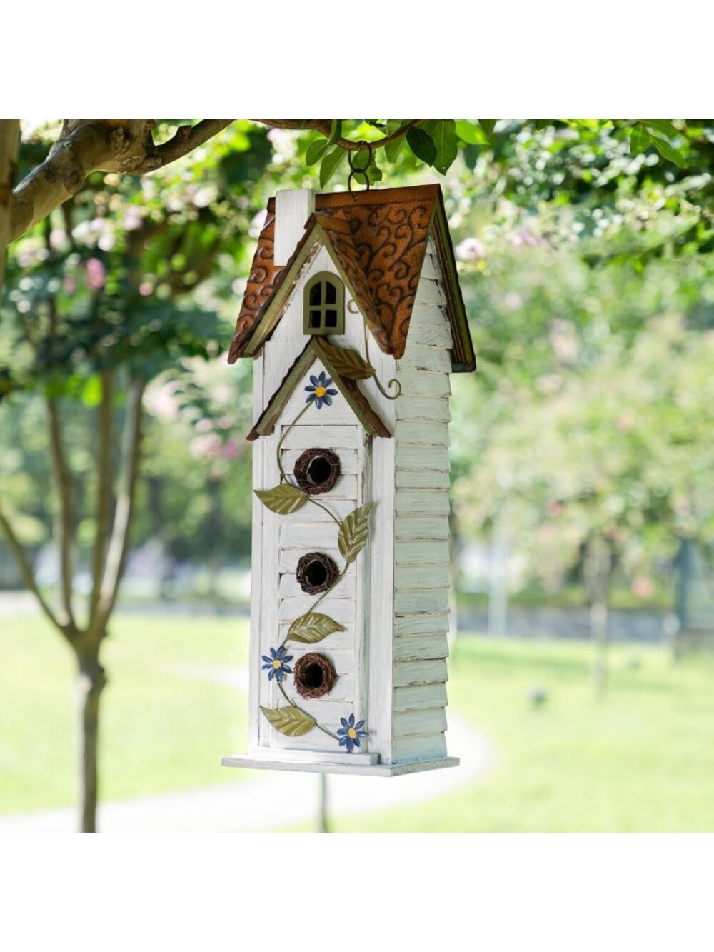 Hand-Painted 3-Tiered Wooden Birdhouse, Oversized Villa for Garden Decor, 24.25